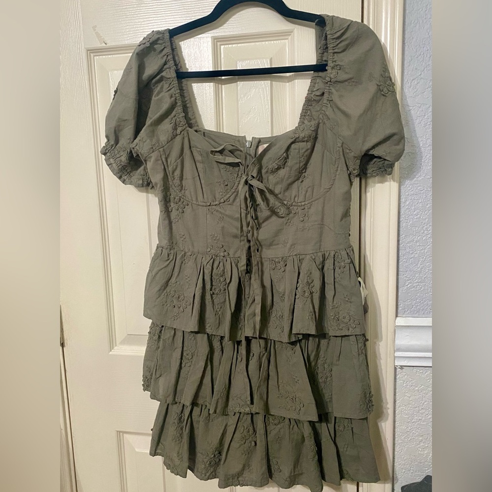 Altar’d state whimsical olive green ruffle mini dress corset like front size M/L